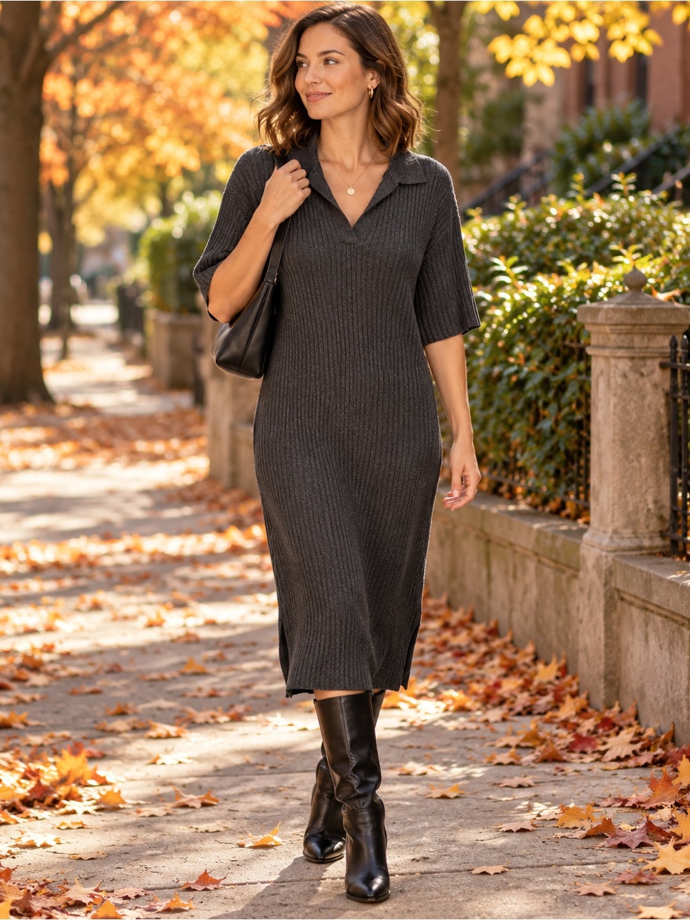 H&M Dark Gray Melange Rib-Knit Collared Midi Dress – Size M